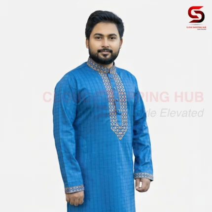 Royal Blue Cotton Golden Embroidery Panjabi - 102