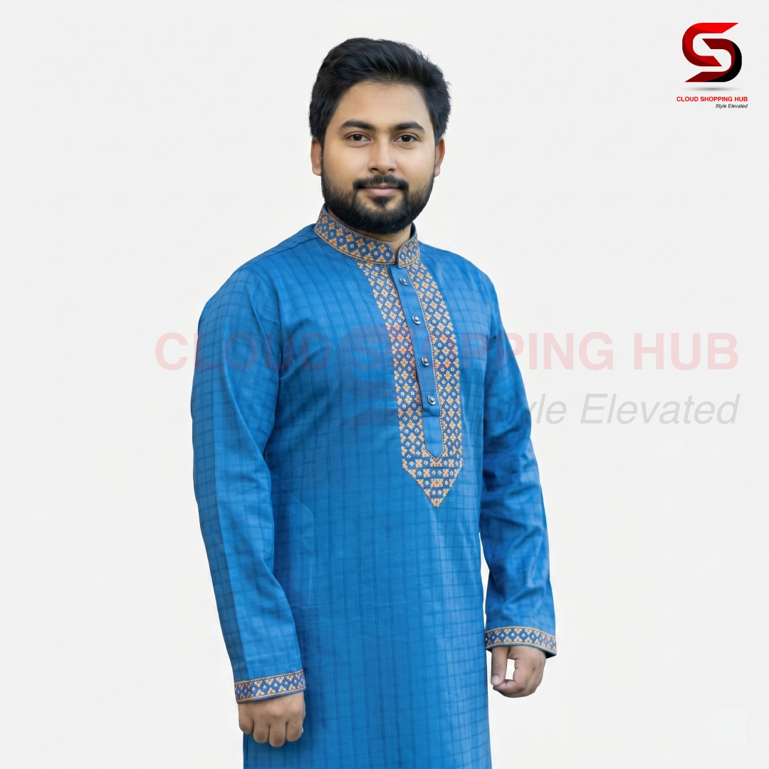Royal Blue Cotton Golden Embroidery Panjabi - 102