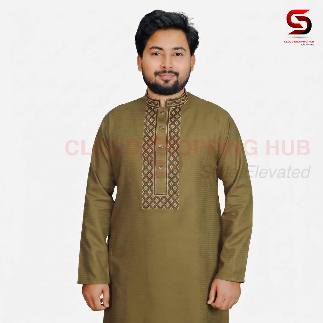 Olive Embroidery Cotton Panjabi - 20