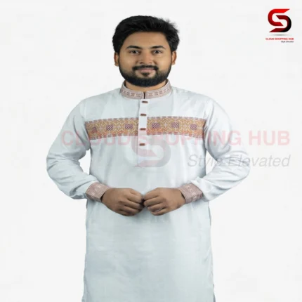White Cotton Horizontal Chest Embroidery Panjabi - 227