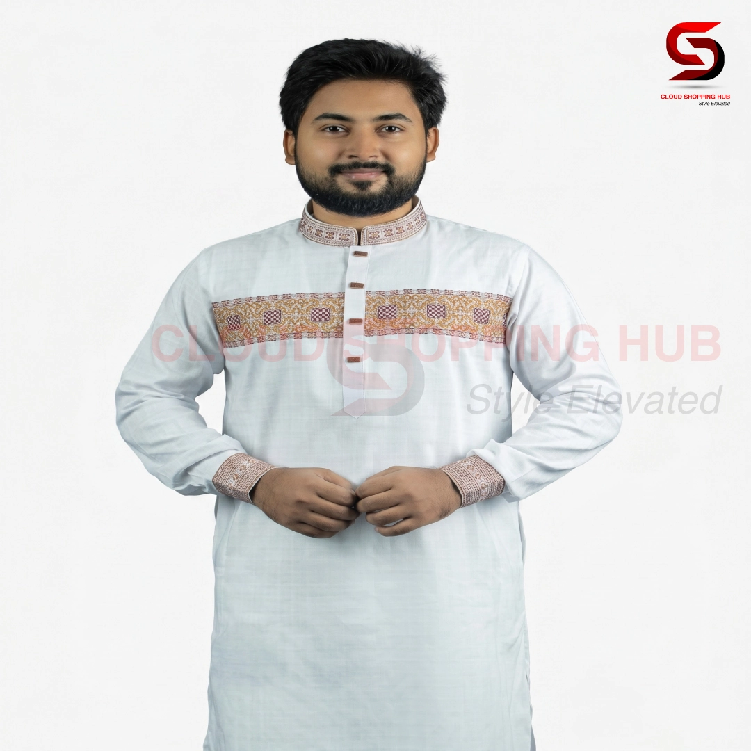 White Cotton Horizontal Chest Embroidery Panjabi - 227
