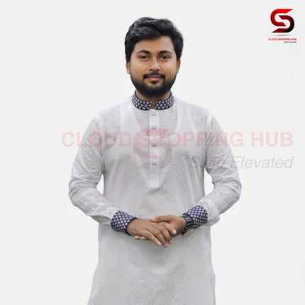 White Cotton Contrast Collar & Cuffs Panjabi - 238