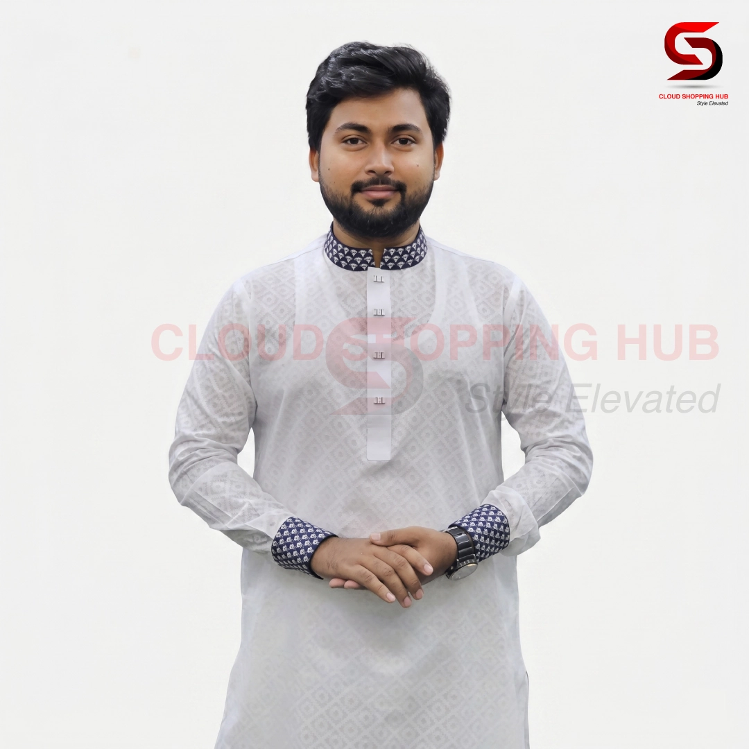 White Cotton Contrast Collar & Cuffs Panjabi - 238