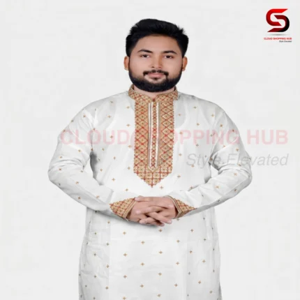 White Dhuti Panjabi Golden Motifs & Heavy Embroidery - 266