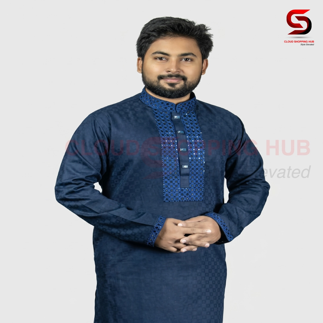 Dark Navy Blue Cotton Panjabi with Sequence & Embroidery - 276