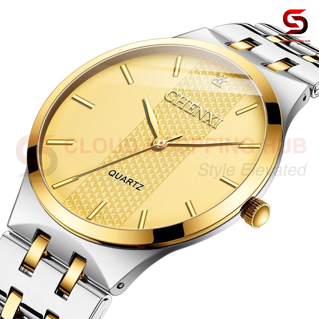 Two-Tone Women's Quartz Watch with Textured Gold Dial - 12F